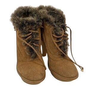 Michael Kors Womens Tan Suede Faux‎ Fur Trim Lace Up Platform Heel Booties 8M